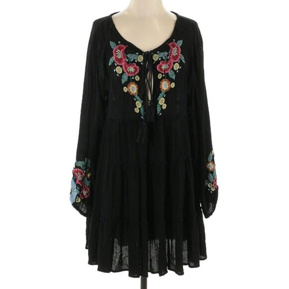 Free People Spell On You Embroidered Long Sleeve Mini Black Dress - Picture 2 of 4